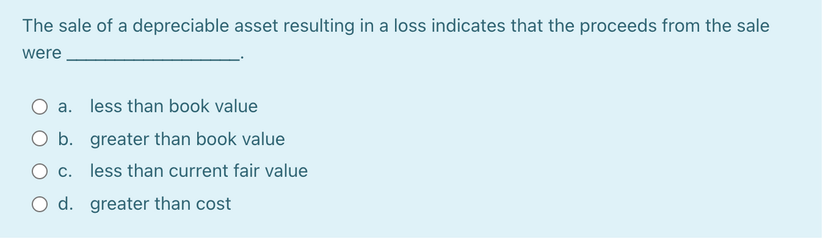 The sale of a depreciable asset resulting in a loss indicates that the proceeds from the sale
were
а.
less than book value
O b. greater than book value
С.
less than current fair value
O d. greater than cost
