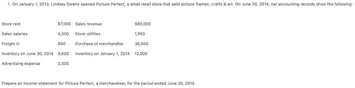 1. On January 1, 2013, Lindsay Owens opened Picture Perfect, a small retail store that sells picture frames, crafts & art. On June 30, 2014, her accounting records show the following:
Store rent
$7,000 Sales revenue
$90,000
Sales salaries
4,500
Store utilities
1,950
Freight in
600
Purchase of merchandise
36,000
Inventory on June 30, 2014
9,600
Inventory on January 1, 2014
12,000
Advertising expense
2,300
Prepare an income statement for Picture Perfect, a merchandiser, for the period ended June 30, 2014.
