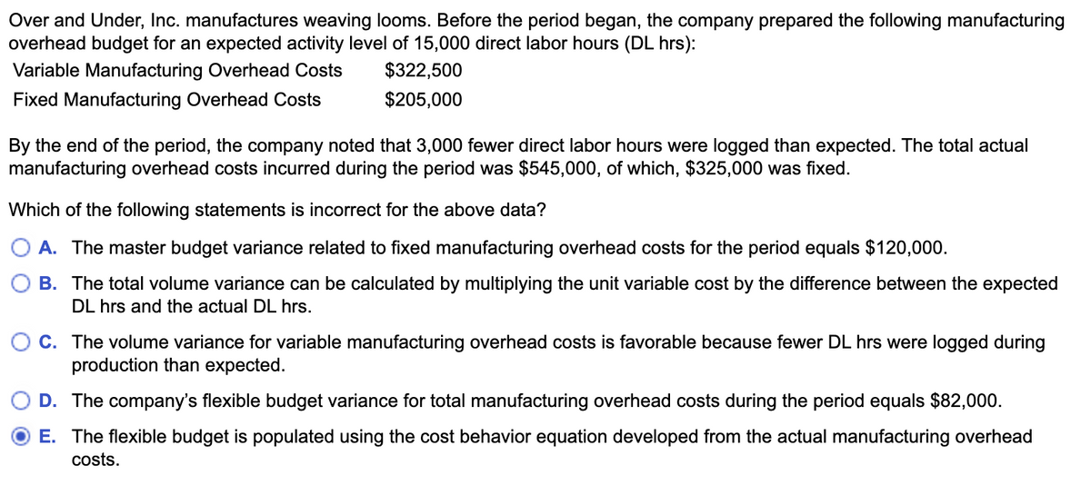 Over and Under, Inc. manufactures weaving looms. Before the period began, the company prepared the following manufacturing
overhead budget for an expected activity level of 15,000 direct labor hours (DL hrs):
Variable Manufacturing Overhead Costs
$322,500
Fixed Manufacturing Overhead Costs
$205,000
By the end of the period, the company noted that 3,000 fewer direct labor hours were logged than expected. The total actual
manufacturing overhead costs incurred during the period was $545,000, of which, $325,000 was fixed.
Which of the following statements is incorrect for the above data?
O A. The master budget variance related to fixed manufacturing overhead costs for the period equals $120,000.
O B. The total volume variance can be calculated by multiplying the unit variable cost by the difference between the expected
DL hrs and the actual DL hrs.
O c. The volume variance for variable manufacturing overhead costs is favorable because fewer DL hrs were logged during
production than expected.
D. The company's flexible budget variance for total manufacturing overhead costs during the period equals $82,000.
E. The flexible budget is populated using the cost behavior equation developed from the actual manufacturing overhead
costs.
