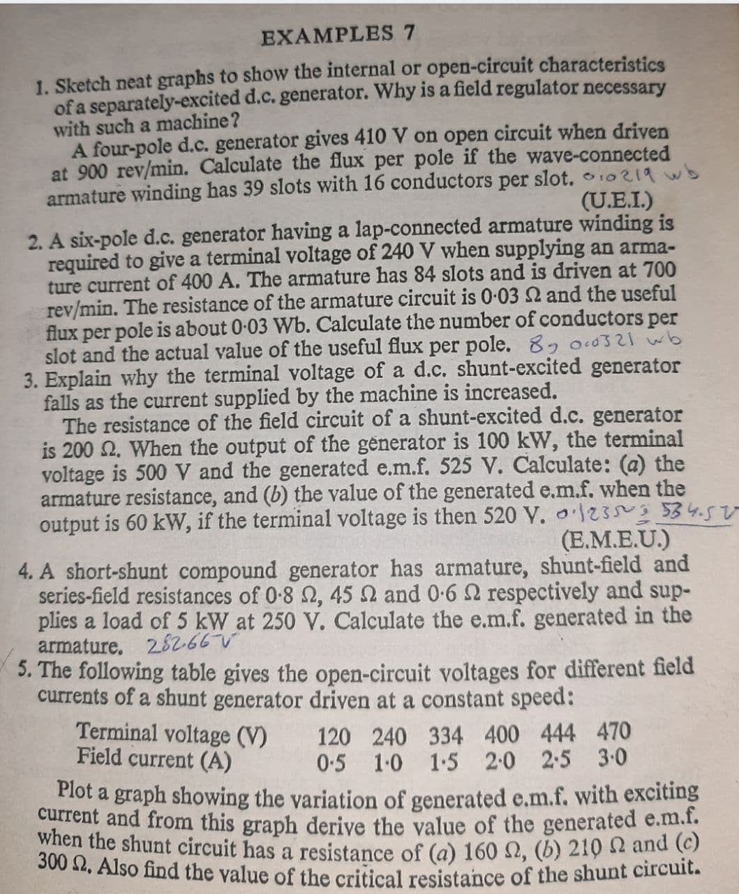 300 2. Also find the value of the critical resistance of the shunt circuit.
EXAMPLES 7
1. Sketch neat graphs to show the internal or open-circuit characteristics
of a separately-excited d.c. generator. Why is a field regulator necessary
with such a machine?
A four-pole d.c. generator gives 410 V on open circuit when driven
at 900 rev/min. Calculate the flux per pole if the wave-connected
armature winding has 39 slots with 16 conductors per slot. 10219 wb
(U.E.I.)
2. A six-pole d.c. generator having a lap-connected armature winding is
required to give a terminal voltage of 240 V when supplying an arma-
ture current of 400 A. The armature has 84 slots and is driven at 700
rev/min. The resistance of the armature circuit is 0-03 2 and the useful
flux per pole is about 0-03 Wb. Calculate the number of conductors per
slot and the actual value of the useful flux per pole. 8 o:0321 wb
3. Explain why the terminal voltage of a d.c. shunt-excited generator
falls as the current supplied by the machine is increased.
The resistance of the field circuit of a shunt-excited d.c. generator
is 200 2. When the output of the generator is 100 kW, the terminal
voltage is 500 V and the generated e.m.f. 525 V. Calculate: (a) the
armature resistance, and (b) the value of the generated e.m.f. when the
output is 60 kW, if the terminal voltage is then 520 V. 23 534.5
(E.M.E.U.)
4. A short-shunt compound generator has armature, shunt-field and
series-field resistances of 0-8 2, 45 and 0-6 2 respectively and sup-
plies a load of 5 kW at 250 V. Calculate the e.m.f. generated in the
armature. 282-66V
5. The following table gives the open-circuit voltages for different field
currents of a shunt generator driven at a constant speed:
Terminal voltage (V)
Field current (A)
120 240 334 400 444 470
0-5 1-0 1-5 2:0 2:5 3-0
Plot a graph showing the variation of generated e.m.f. with exciting
current and from this graph deriye the value of the generated e.m.f.
when the shunt circuit has a resistance of (a) 160 2, (b) 210 2 and (c)
