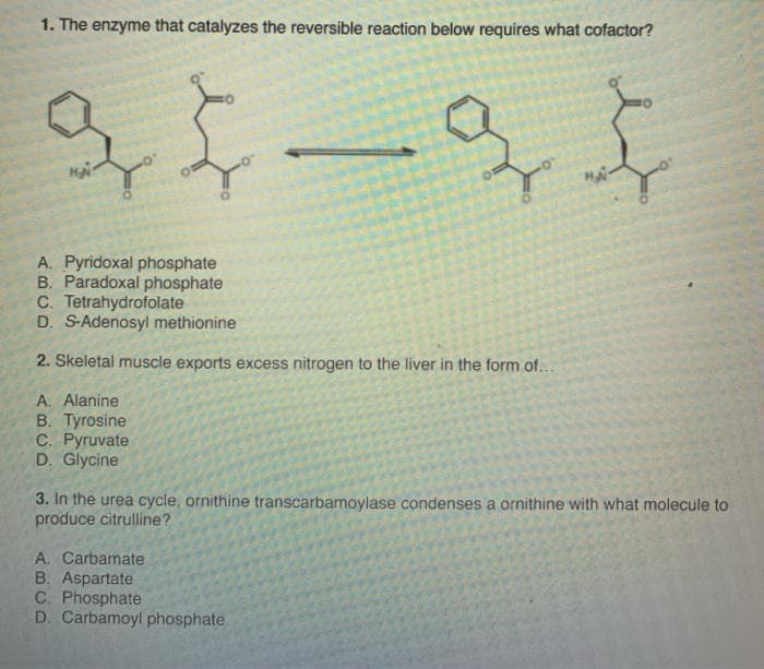 1. The enzyme that catalyzes the reversible reaction below requires what cofactor?
A. Pyridoxal phosphate
B. Paradoxal phosphate
C. Tetrahydrofolate
D. S-Adenosyl methionine
2. Skeletal muscle exports excess nitrogen to the liver in the form of...
A. Alanine
B. Tyrosine
C. Pyruvate
D. Glycine
3. In the urea cycle, ornithine transcarbamoylase condenses a ornithine with what molecule to
produce citrulline?
A. Carbamate
B. Aspartate
C. Phosphate
D. Carbamoyl phosphate
