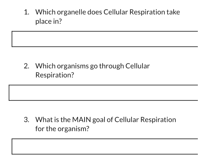 1. Which organelle does Cellular Respiration take
place in?
2. Which organisms go through Cellular
Respiration?
3. What is the MAIN goal of Cellular Respiration
for the organism?
