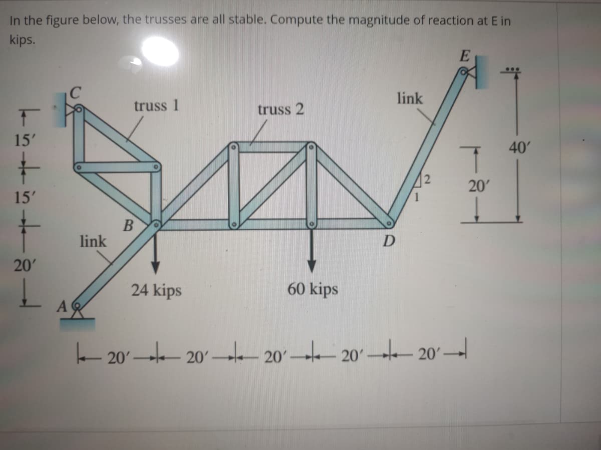 In the figure below, the trusses are all stable. Compute the magnitude of reaction at E in
kips.
link
truss 1
truss 2
15'
40
20
15'
B
link
D
20
24 kips
60 kips
20' 20' –e 20'– 20' 20'→
