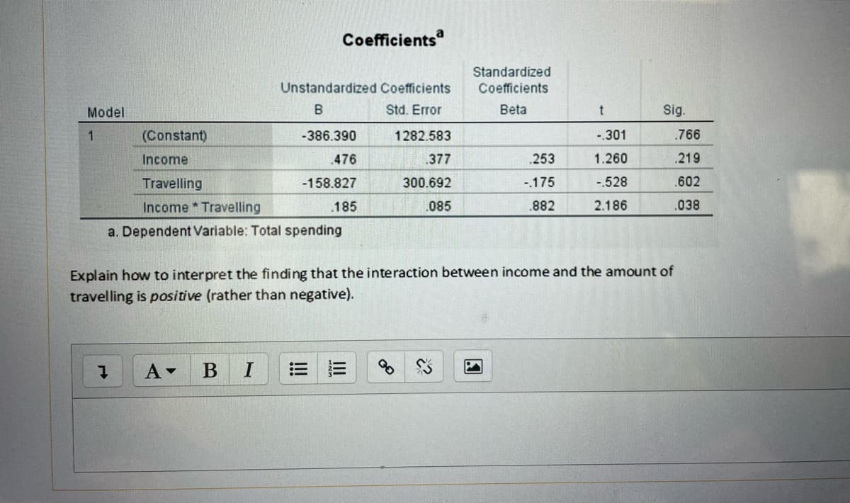 Model
1
Unstandardized Coefficients
B
Std. Error
-386.390
.476
-158.827
.185
(Constant)
Income
Travelling
Income Travelling
a. Dependent Variable: Total spending
Coefficients
A▾ B I =
1282.583
.377
300.692
.085
Standardized
Coefficients
Beta
.253
-.175
.882
t
-.301
1.260
-.528
2.186
Sig.
Explain how to interpret the finding that the interaction between income and the amount of
travelling is positive (rather than negative).
.766
.219
.602
.038