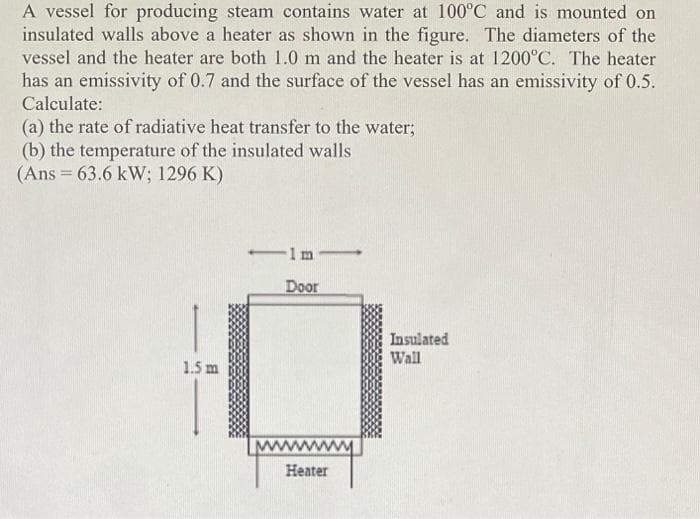 A vessel for producing steam contains water at 100°C and is mounted on
insulated walls above a heater as shown in the figure. The diameters of the
vessel and the heater are both 1.0 m and the heater is at 1200°C. The heater
has an emissivity of 0.7 and the surface of the vessel has an emissivity of 0.5.
Calculate:
(a) the rate of radiative heat transfer to the water;
(b) the temperature of the insulated walls
(Ans = 63.6 kW; 1296 K)
1.5 m
1 m
Door
Heater
Insulated
Wall