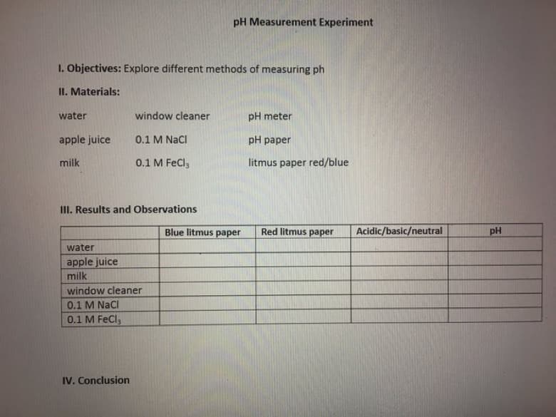 pH Measurement Experiment
1. Objectives: Explore different methods of measuring ph
II. Materials:
water
window cleaner
pH meter
apple juice
0.1 M NaCl
pH paper
milk
0.1 M FeCl₂
litmus paper red/blue
III. Results and Observations
Red litmus paper
water
apple juice
milk
window cleaner
0.1 M NaCl
0.1 M FeCl3
IV. Conclusion
Blue litmus paper
Acidic/basic/neutral
PH