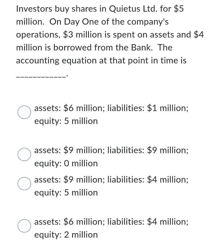 Investors buy shares in Quietus Ltd. for $5
million. On Day One of the company's
operations, $3 million is spent on assets and $4
million is borrowed from the Bank. The
accounting equation at that point in time is
O assets: $6 million; liabilities: $1 million;
equity: 5 million
O
O
assets: $9 million; liabilities: $9 million;
equity: 0 million
assets: $9 million; liabilities: $4 million;
equity: 5 million
assets: $6 million; liabilities: $4 million;
equity: 2 million