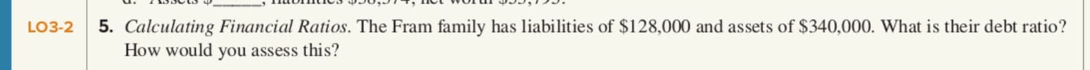 5. Calculating Financial Ratios. The Fram family has liabilities of $128,000 and assets of $340,000. What is their debt ratio?
LO3-2
How would you assess this?
