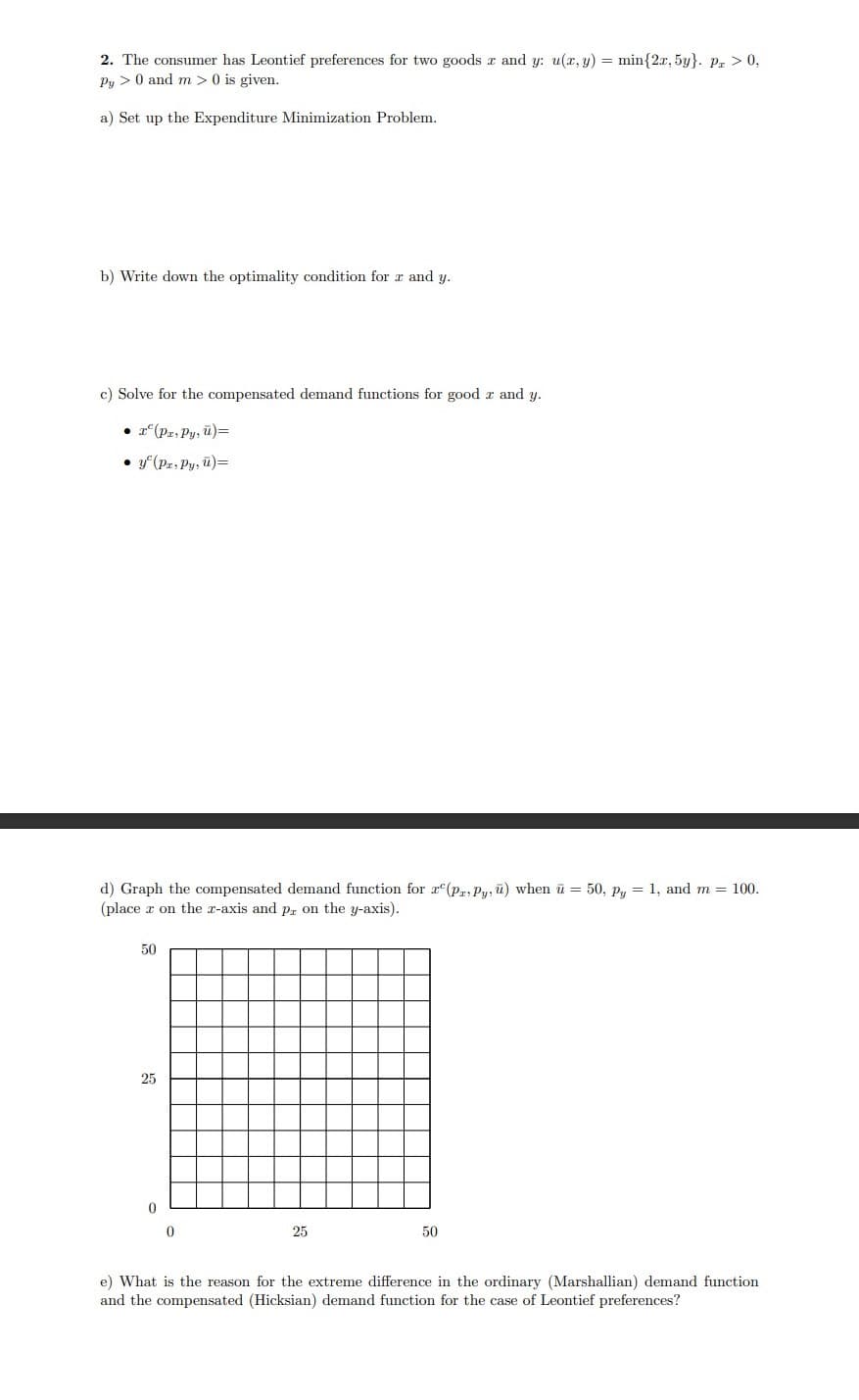 2. The consumer has Leontief preferences for two goods r and y: u(x, y) = min{2x, 5y}. Pz > 0,
Py> 0 and m> 0 is given.
a) Set up the Expenditure Minimization Problem.
b) Write down the optimality condition for x and y.
c) Solve for the compensated demand functions for good z and y.
• T² (Pr, Py, u) =
•y (Pz, Py, u) =
d) Graph the compensated demand function for rº(Pr. Py, u) when u = 50, Py = 1, and m = 100.
(place z on the z-axis and pr on the y-axis).
50
25
0
0
25
50
e) What is the reason for the extreme difference in the ordinary (Marshallian) demand function
and the compensated (Hicksian) demand function for the case of Leontief preferences?