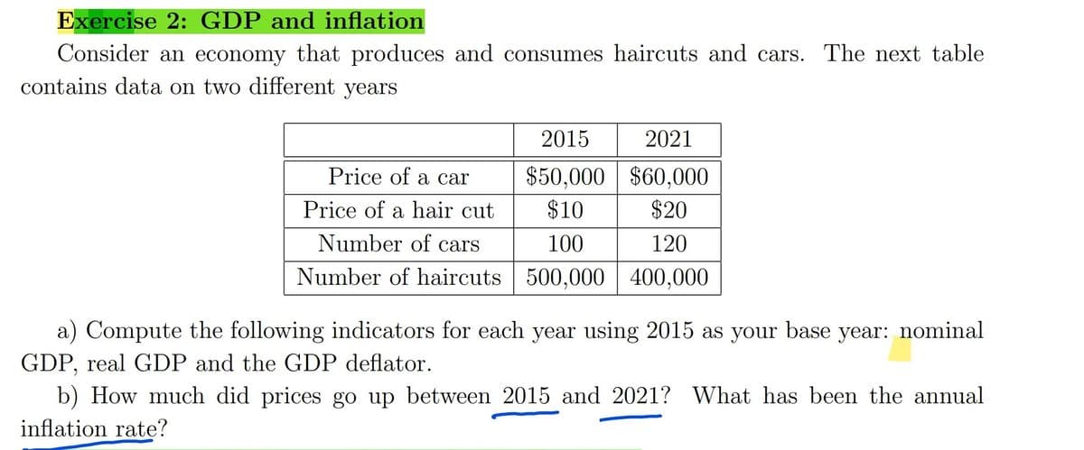 Exercise 2: GDP and inflation
Consider an economy that produces and consumes haircuts and cars. The next table
contains data on two different years.
2015
2021
$50,000
$60,000
$10
$20
Number of cars
100
120
Number of haircuts 500,000 400,000
Price of a car
Price of a hair cut
a) Compute the following indicators for each year using 2015 as your base year: nominal
GDP, real GDP and the GDP deflator.
b) How much did prices go up between 2015 and 2021? What has been the annual
inflation rate?