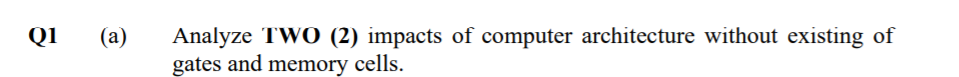 Q1
Analyze TWO (2) impacts of computer architecture without existing of
gates and memory cells.
(a)
