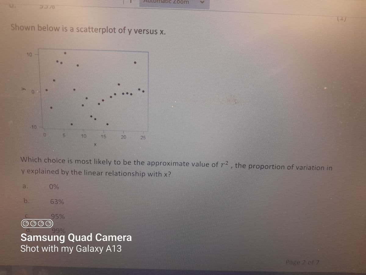 10
Shown below is a scatterplot of y versus x.
3370
10
b.
15
0%
63%
95%
X
Which choice is most likely to be the approximate value of r2, the proportion of variation in
y explained by the linear relationship with x?
15
99%
20
OOO
Samsung Quad Camera
Shot with my Galaxy A13
LIC 200m
25
Page 2 of 7