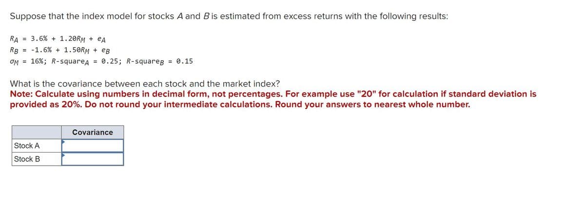 Suppose that the index model for stocks A and B is estimated from excess returns with the following results:
RA = 3.6% + 1.20RM + eA
RB = -1.6% + 1.50RM + eB
OM = 16%; R-squareд = 0.25; R-squarep = 0.15
What is the covariance between each stock and the market index?
Note: Calculate using numbers in decimal form, not percentages. For example use "20" for calculation if standard deviation is
provided as 20%. Do not round your intermediate calculations. Round your answers to nearest whole number.
Stock A
Stock B
Covariance