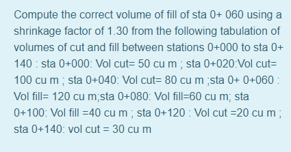 Compute the correct volume of fill of sta 0+ 060 using a
shrinkage factor of 1.30 from the following tabulation of
volumes of cut and fill between stations 0+000 to sta 0+
140 : sta 0+000: Vol cut= 50 cu m ; sta 0+020:Vol cut=
100 cu m ; sta 0+040: Vol cut= 80 cu m ;sta 0+ 0+060 :
Vol fill= 120 cu m;sta 0+080: Vol fill=60 cu m; sta
0+100: Vol fill =40 cu m ; sta 0+120 : Vol cut =20 cu m;
sta 0+140: vol cut = 30 cu m
