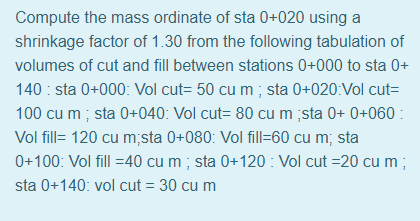 Compute the mass ordinate of sta 0+020 using a
shrinkage factor of 1.30 from the following tabulation of
volumes of cut and fill between stations 0+000 to sta 0+
140 : sta 0+000: Vol cut= 50 cu m ; sta 0+020:Vol cut=
100 cu m ; sta 0+040: Vol cut= 80 cu m ;sta 0+ 0+060 :
Vol fill= 120 cu m;sta 0+080: Vol fill=60 cu m; sta
0+100: Vol fill =40 cu m ; sta 0+120 : Vol cut =20 cu m;
sta 0+140: vol cut = 30 cu m
