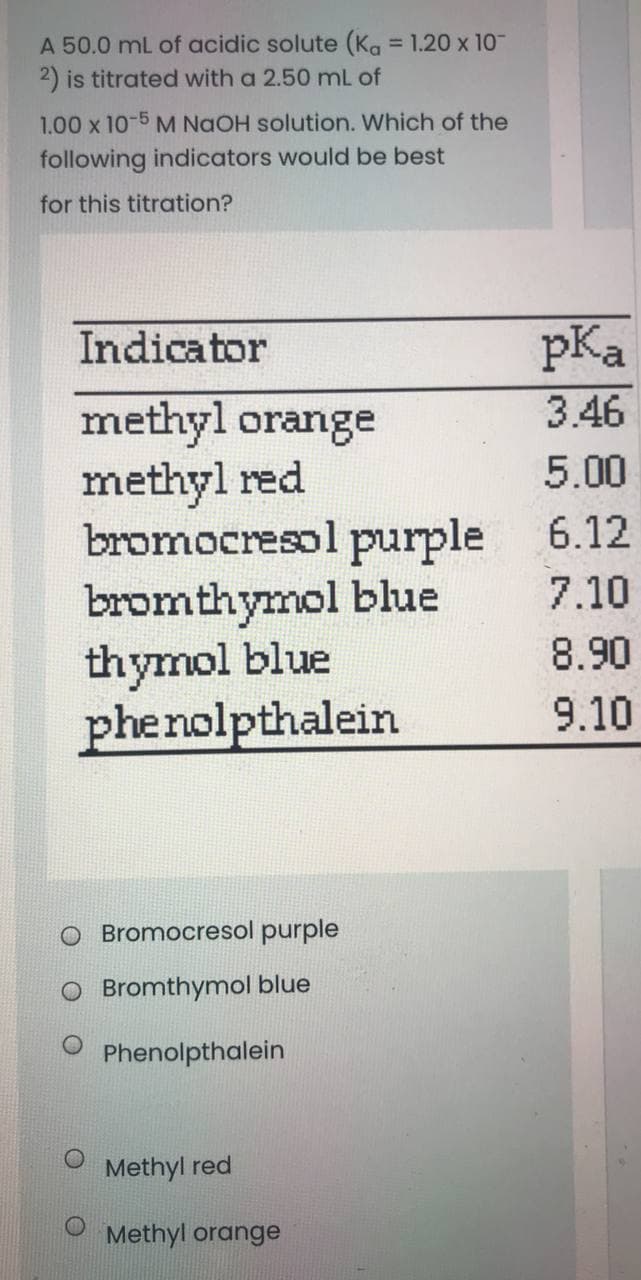 A 50.0 mL of acidic solute (Ka = 1.20 x 10-
2) is titrated with a 2.50 mL of
1.00 x 10-5 M NaOH solution. Which of the
following indicators would be best
for this titration?
Indicator
pKa
3.46
methyl orange
methyl red
bromocresol purple 6.12
5.00
bromthymol blue
thymol blue
phenolpthalein
7.10
8.90
9.10
O Bromocresol purple
O Bromthymol blue
Phenolpthalein
Methyl red
Methyl orange
