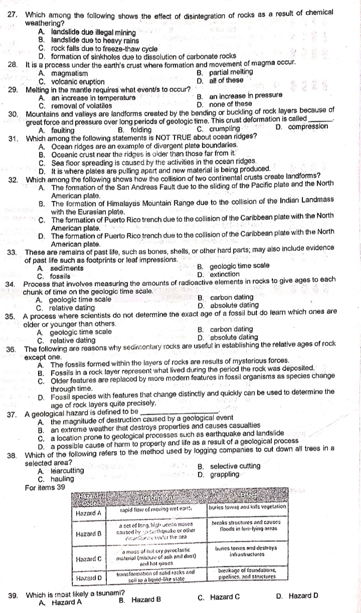 27. Which among the following shows the effect of disintegration
rocks as a result of chemical
weathering?
A. landslide due illegal mining
B. landslide due to heavy rains
C. rock falls due to freeze-thaw cycle
D. formation of sinkholes due to dissolution of carbonate rocks
28. It is a process under the earth's crust where formation and movement of magma occur.
A. magmatism
C. volcanic eruption
B. partial melting
D. all of these
29. Melting in the mantle requires what event/s to occur?
A. an increase in temperature
C. removal of volatiles
B. an increase in pressure
D. none of these
30. Mountains and valleys are landforms created by the bending or buckling of rock layers because of
great force and pressure over long periods of geologic time. This crust deformation is called
D. compression
C. crumpling
B. folding
31. Which among the following statements is NOT TRUE about ocean ridges?
A. fauiting
A. Ocean ridges are an example of divergent plate boundaries.
B. Oceanic crust near the ridges is oider than those far from it.
C. Sea floor spreading is caused by the activities in the ocean ridges.
D. It is where plates are pulling apart and new material is being produced.
32. Which among the following shows how the collision of two continental crusts create landforms?
A. The formation of the San Andreas Fault due to the sliding of the Pacific plate and the North
American plate.
B. The formation of Himalayas Mountain Range due to the collision of the Indian Landmass
with the Eurasian plate.
With
C. The formation of Puerto Rico trench due to the collision of the Caribbean plate with the North
American plate.
D. The formation of Puerto Rico trench due to the collision of the Caibbean plate with
American plate.
North
33. These are remains of past life, such as bones, shells, or other hard parts; may also include evidence
of past life such as footprints or leaf impressions.
A. sediments
C. fossils
B. geologic time scale
D. extinction
34.
Process that involves measuring the amounts of radioactive elements in rocks to give ages to each
chunk of time on the geologic time scale,
A. geologic time scale
c. relative dating
B. carbon dating
D. absolute dating
fossil but do learn which ones are
35. A process where scientists do not determine the exact age of
older or younger than others.
A. geologic time scale
C. relative dating
B. carbon dating
D. absolute dating
36. The following are reasons why sedimontary rocks are useful in establishing the relative ages of rock
except one,
The fossils formed within the layers of rocks are results of mysterious forces.
B. Fossils in a rock layer represent what lived during the period the rock was deposited.
C.
Older features are replaced by more modern features in fossil organisms as species change
through time.
D. Fossil species with features that change distinctly and quickly can be used to determine the
age of rock layers quite precisely.
37. A geological hazard is defined to be
A. the magnitude of destruction caused by a geological event
B. an extreme weather that destroys properties and causes casualties
C.
location prone to geological processes sLich as earthquake and landslide
D. a possible cause of harm to property and life as a result of a geological process
38. Which of the following refers to the method used by logging companies to cut down all trees in a
selected area?
A. learcutting
C. hauling
For items 39
B. selective cutting
" D. grappling
buries towng anu kills vegetation
tapid flow of moving wet eat
Hazord A
breaks structures and causes
a set of tong, lhigl ueean waves
caused ly rthgnake or other
di e vinder the sea
floods in low-lying areas
Hazard B
buties towns and destroys
infrastructures
a mass of hot uy pyroclastic
material (mixture of aslh andl dust)
and hot gases
Hazard C
transformation of solid racks and
soli to a liquid-like state
breakage of toundations,
pipelines, and structures
Hazaıd D
Which is nost fikely a tsunami?
A. Hazard A
39.
C. Hazard C
D. Hazard D
B. Hazard B
