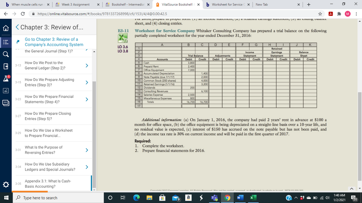 b When muscle cells run X
A. Week 3 Assignment
A. Bookshelf - Intermediat x
I VitalSource Bookshelf: x b Worksheet for Service C x New Tab
x +
A https://online.vitalsource.com/#/books/9781337268998/cfi/153!/4/4@0.00:42.5
M
sheet, and (4) closing entries.
A < Chapter 3: Review of...
Worksheet for Service Company Whitaker Consulting Company has prepared a trial balance on the following
partially completed worksheet for the year ended December 31, 2016:
E3-11
Go to Chapter 3: Review of a
Company's Accounting System
-
A
DIE
G
H.
K
LO 3.6
LO 3.8
1
Retained
the General Journal (Step 1)?
2
3
Earnings
Statement
Debit
Balance
Income
Statement
Adjustments
Credit
Trial Balance
Sheet
4
Accounts
Debit
Credit
Debit
Debit
Credit
Credit
Debit
Credit
How Do We Post to the
5 Cash
6 Prepaid Rent
7 Office Equipment
8 Accumulated Depreciation
9 Note Payable (due 7/1/17)
10 Common Stock (200 shares)
Retained Earnings (1/1/16)
12 Dividends
13 Consulting Revenues
14 Salaries Expense
15 Miscellaneous Expenses
3,800
2,400
7.000
3-13
>
General Ledger (Step 2)?
1,400
2,000
9
How Do We Prepare Adjusting
Entries (Step 3)?
4,000
3,200
3-15
>
200
6, 100
2,500
How Do We Prepare Financial
Statements (Step 4)?
800
3-23
>
16
Totals
16,700
16,700
17
How Do We Prepare Closing
Entries (Step 5)?
3-27
Additional information: (a) On January 1, 2016, the company had paid 2 years' rent in advance at $100 a
month for office space, (b) the office equipment is being depreciated on a straight-line basis over a 10-year life, and
no residual value is expected, (c) interest of $150 has accrued on the note payable but has not been paid, and
(d) the income tax rate is 30% on current income and will be paid in the first quarter of 2017.
How Do We Use a Worksheet
3-29
to Prepare Financial..
Required:
1. Complete the worksheet.
2. Prepare financial statements for 2016.
What Is the Purpose of
3-31
>
Reversing Entries?
How Do We Use Subsidiary
3-34
>
Ledgers and Special Journals?
Appendix 3.1: What Is Cash-
O 3-35
Basis Accounting?
Canurinh on17 Cannanal aarnina A Dinkte Daeanad Mau na ha aaniad nannad a dunlieatad in uhala ar in nat
weN 09.0n.ano
1:40 AM
P Type here to search
a
1/2/2021
20
近
!
