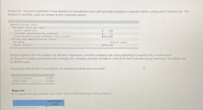 Zurgot Inc. has just organized a new division to manufacture and sell specially designed computer tables, using select hardwoods. The
division's monthly costs are shown in the schedule below:
Manufacturing costs:
Variable costs per unit:
Direct materials
Variable manufacturing overhead
Fixed manufacturing overhead costs (total)
Selling and administrative costs:
Variable
Fixed (total)
Units produced
Units sold
4,470
3,210
Aktination
$
$
178
13
$433,590
Zurgot regards all of its workers as full-time employees, and the company has a long-standing no-layoff policy. Furthermore.
production is highly automated. Accordingly, the company includes its labour costs in its fixed manufacturing overhead. The tables sell
for $496 each.
During the first month of operations, the following activity was recorded:
Unit Product
Cost
15% of sales
$272,670
Required:
1. Compute the unit product cost under each of the following costing method..