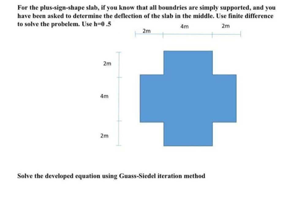 For the plus-sign-shape slab, if you know that all boundries are simply supported, and you
have been asked to determine the deflection of the slab in the middle. Use finite difference
to solve the probelem. Use h=0.5
2m
4m
2m
4m
2m
2m
Solve the developed equation using Guass-Siedel iteration method