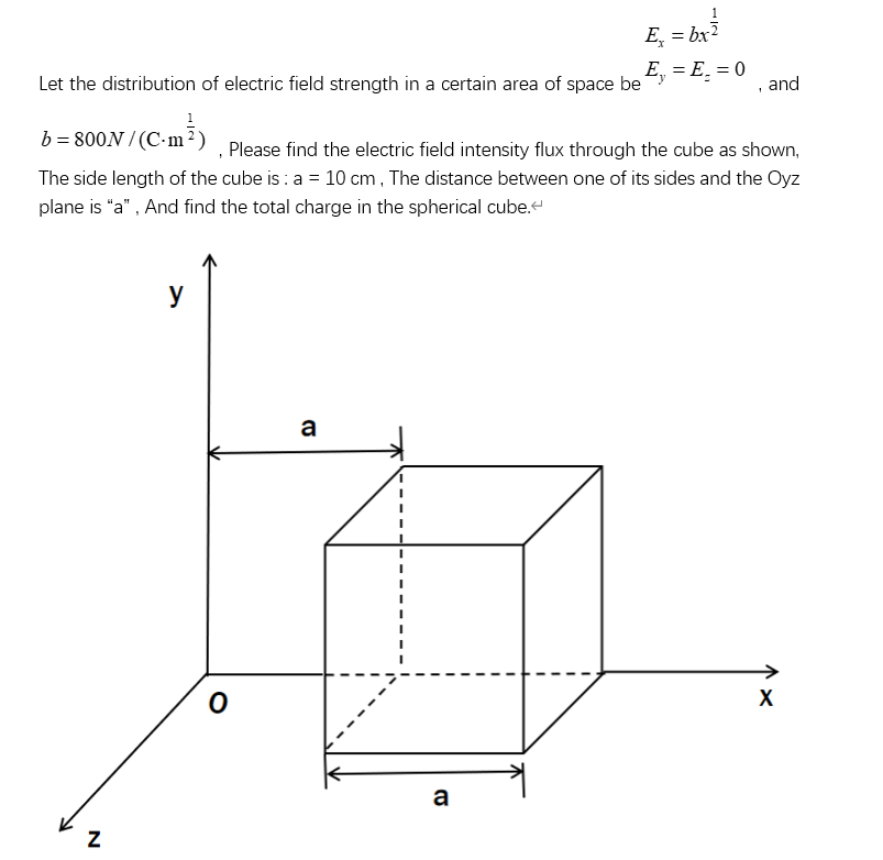 E, = bx?
Let the distribution of electric field strength in a certain area of space be y
E, = E. = 0
and
b = 800N / (C-m ²)
Please find the electric field intensity flux through the cube as shown,
The side length of the cube is : a = 10 cm, The distance between one of its sides and the Oyz
plane is "a" , And find the total charge in the spherical cube.
У
a
a
