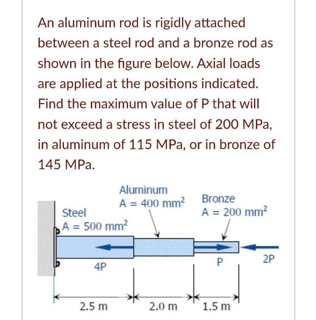 An aluminum rod is rigidly attached
between a steel rod and a bronze rod as
shown in the figure below. Axial loads
are applied at the positions indicated.
Find the maximum value of P that will
not exceed a stress in steel of 200 MPa,
in aluminum of 115 MPa, or in bronze of
145 MPa.
Aluminum
A = 400 mm2
Bronze
A = 200 mm2
Steel
A = 500 mm²
P
2P
4P
2.5 m
2.0 m
1.5 m
