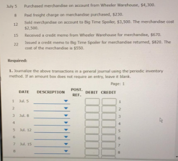 July 5
Purchased merchandise on account from Wheeler Warehouse, $4,300.
Paid freight charge on merchandise purchased, $230.
Sold merchandise on account to Big Time Spoiler, $3,500. The merchandise cost
$2,500.
12
15
Received a credit memo from Wheeler Warehouse for merchandise, $670.
Issued a credit memo to Big Time Spoiler for merchandise returned, $820. The
22
cost of the merchandise is $550.
Required:
1. Journalize the above transactions in a general journal using the periodic inventory
method. If an amount box does not require an entry, leave it blank.
Page: 1
POST.
DATE
DESCRIPTION
DEBIT CREDIT
REF.
1 ul. 5
3 Jul. 8
3.
5 Jul. 12
7 Jul. 15
