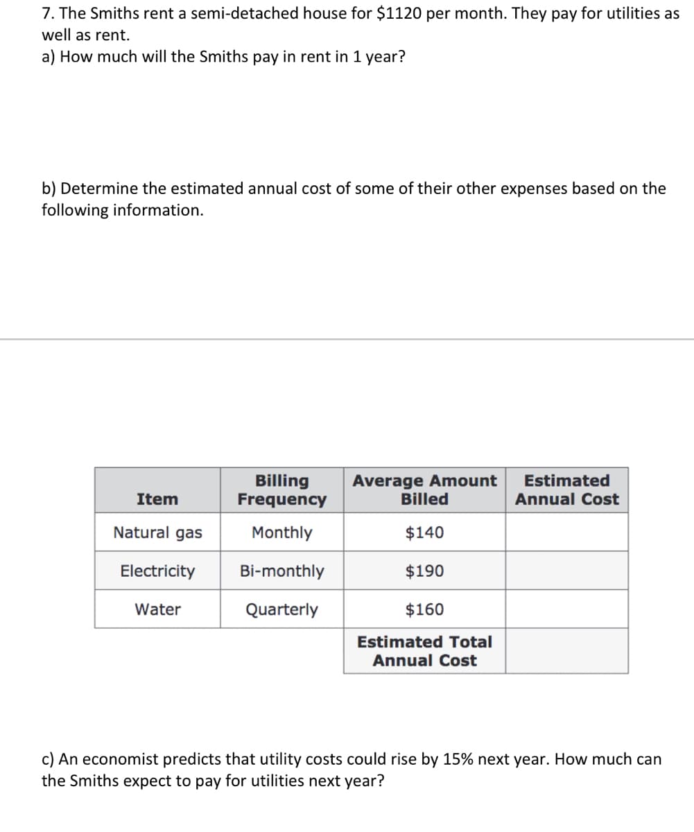 7. The Smiths rent a semi-detached house for $1120 per month. They pay for utilities as
well as rent.
a) How much will the Smiths pay in rent in 1 year?
b) Determine the estimated annual cost of some of their other expenses based on the
following information.
Billing
Frequency
Average Amount
Billed
Estimated
Annual Cost
Item
Natural gas
Monthly
$140
Electricity
Bi-monthly
$190
Water
Quarterly
$160
Estimated Total
Annual Cost
c) An economist predicts that utility costs could rise by 15% next year. How much can
the Smiths expect to pay for utilities next year?
