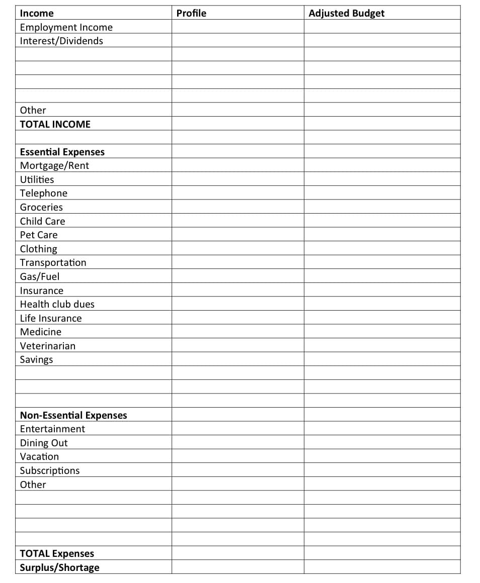 Income
Profile
Adjusted Budget
Employment Income
Interest/Dividends
Other
TOTAL INCOME
Essential Expenses
Mortgage/Rent
Utilities
Telephone
Groceries
Child Care
Pet Care
Clothing
Transportation
Gas/Fuel
Insurance
Health club dues
Life Insurance
Medicine
Veterinarian
Savings
Non-Essential Expenses
Entertainment
Dining Out
Vacation
Subscriptions
Other
TOTAL Expenses
Surplus/Shortage
