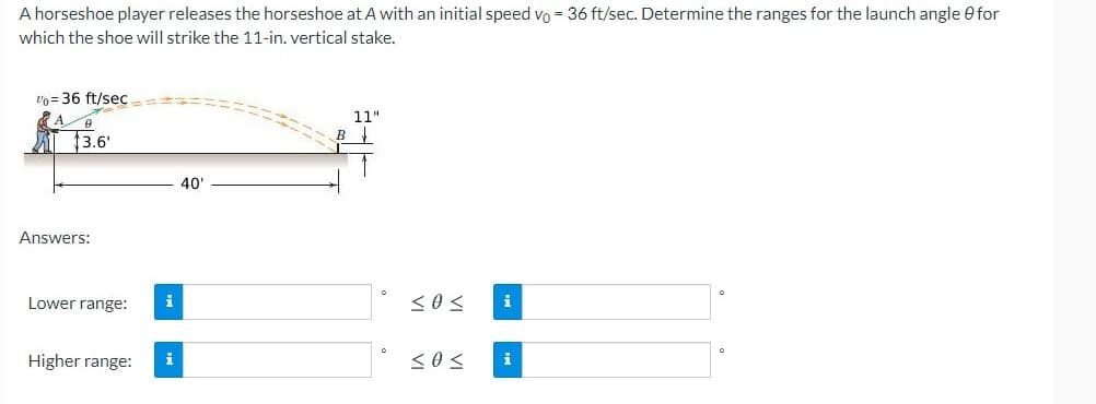 A horseshoe player releases the horseshoe at A with an initial speed vo = 36 ft/sec. Determine the ranges for the launch angle e for
which the shoe will strike the 11-in. vertical stake.
vn = 36 ft/sec
11"
A 13.6'
40'
Answers:
Lower range:
i
i
Higher range:
i
i
