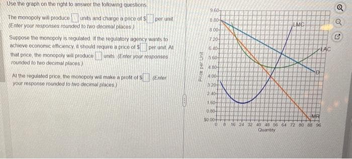 Use the graph on the right to answer the following questions
The monopoly will produce units and charge a price of $
(Enter your responses rounded to two decimal places)
per unit
Suppose the monopoly is regulated If the regulatory agency wants to
achieve economic efficiency, it should require a price of $
per unit. At
units (Enter your responses
that price, the monopoly will produce
rounded to two decimal places)
At the regulated price, the monopoly will make a profit of $ (Enter
your response rounded to two decimal places)
CHILD
9.60
8.80-
8.004
7.20
6.40-
55.60
480-
4.00-
320
2:40
1.60
0.804
LMC
LAC
MR
$0.00-
0
8 16 24 32 40 48 56 64 72 80 88 96
Quantity
O
S