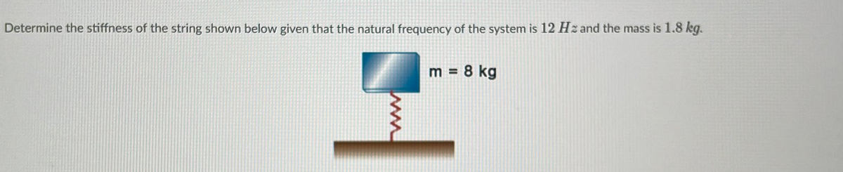 Determine the stiffness of the string shown below given that the natural frequency of the system is 12 Hz and the mass is 1.8 kg.
m = 8 kg
%3D
