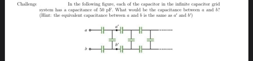 Challenge
In the following figure, each of the capacitor in the infinite capacitor grid
system has a capacitance of 50 pF. What would be the capacitance between a and b?
(Hint: the equivalent capacitance between a and b is the same as a' and b')
6
➖➖➖➖➖➖