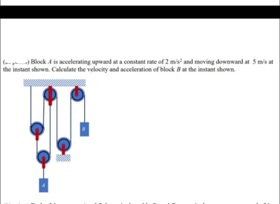 (opa.) Block A is accelerating upward at a constant rate of 2 m/s? and moving downward at 5 m/s at
the instant shown. Calculate the velocity and acceleration of block B at the instant shown.
B
A
