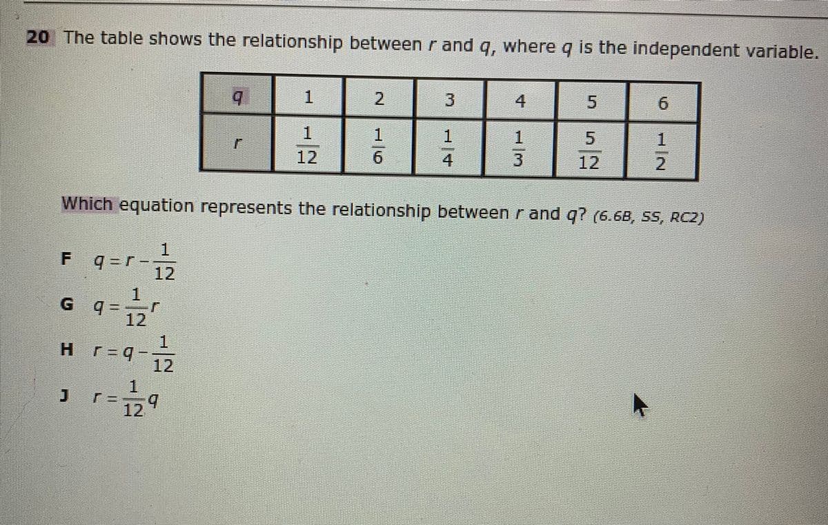 20 The table shows the relationship between r and q, where q is the independent variable.
4
6.
1.
1.
1
1.
1.
12
4
12
2.
Which equation represents the relationship between r and q? (6.6B, SS, RC2)
F q=1
12
1.
G q =
12
1.
Hr-q-
12
1.
J r
129
5.
寸
3.
2.
/6
