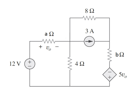 12 V
(+1)
a Ω
+ να
www
8 Ω
ww
3 A
4Ω
1+
bΩ
500