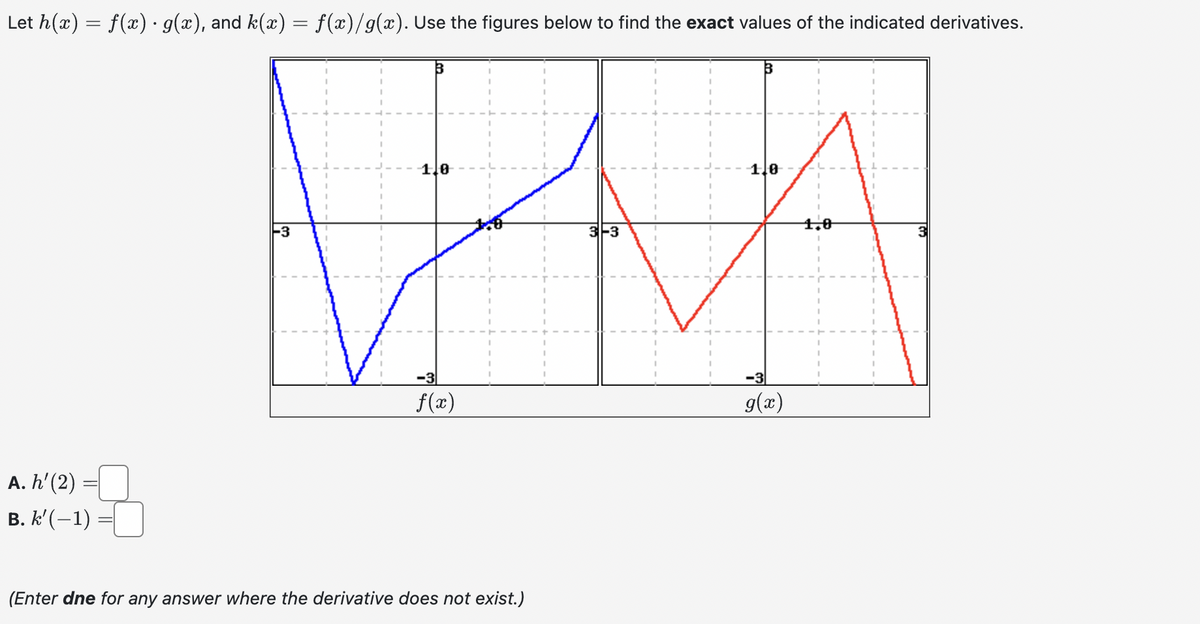 Let h(x) = f(x) · g(x), and k(x) = f(x)/g(x). Use the figures below to find the exact values of the indicated derivatives.
A. h'(2)
B. k' (−1)
3-3
APMA
-3
f(x)
(Enter dne for any answer where the derivative does not exist.)
-3
g(x)
1,0