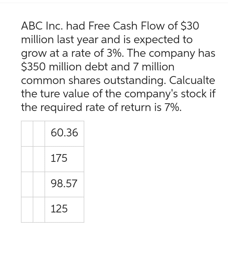 ABC Inc. had Free Cash Flow of $30
million last year and is expected to
grow at a rate of 3%. The company has
$350 million debt and 7 million
common shares outstanding. Calcualte
the ture value of the company's stock if
the required rate of return is 7%.
60.36
175
98.57
125