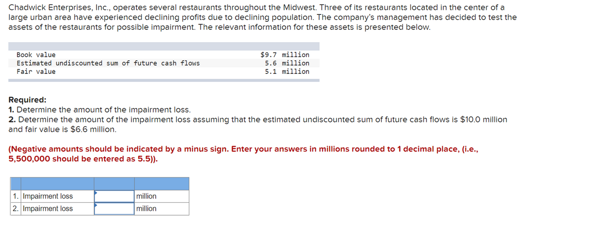 Chadwick Enterprises, Inc., operates several restaurants throughout the Midwest. Three of its restaurants located in the center of a
large urban area have experienced declining profits due to declining population. The company's management has decided to test the
assets of the restaurants for possible impairment. The relevant information for these assets is presented below.
Book value
Estimated undiscounted sum of future cash flows
Fair value
Required:
1. Determine the amount of the impairment loss.
2. Determine the amount of the impairment loss assuming that the estimated undiscounted sum of future cash flows is $10.0 million
and fair value is $6.6 million.
$9.7 million
5.6 million
5.1 million
(Negative amounts should be indicated by a minus sign. Enter your answers in millions rounded to 1 decimal place, (i.e.,
5,500,000 should be entered as 5.5)).
1. Impairment loss
2. Impairment loss
million
million