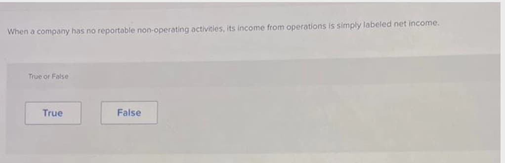 When a company has no reportable non-operating activities, its income from operations is simply labeled net income.
True or False
True
False