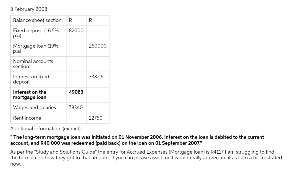 8 February 2008
Balance sheet section: R
Fixed deposit (16.5%
p.a)
Mortgage loan (19%
p.a)
Nominal accounts
section:
Interest on fixed
deposit
82000
49083
R
78340
260000
Interest on the
mortgage loan
Wages and salaries
Rent income
Additional information: (extract)
"The long-term mortgage loan was initiated on 01 November 2006. Interest on the loan is debited to the current
account, and R40 000 was redeemed (paid back) on the loan on 01 September 2007."
3382.5
22750
As per the "Study and Solutions Guide" the entry for Accrued Expenses (Mortgage loan) is R4117 I am struggling to find
the formula on how they got to that amount. If you can please assist me I would really appreciate it as I am a bit frustrated
now.