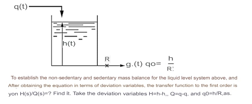 q(t).
h(t)
h
g.(t) qo=
R!
To establish the non-sedentary and sedentary mass balance for the liquid level system above, and
After obtaining the equation in terms of deviation variables, the transfer function to the first order is
yon H(s)/Q(s)=? Find it. Take the deviation variables H=h-h,, Q=q-q, and q0=h/R,as.
R
*