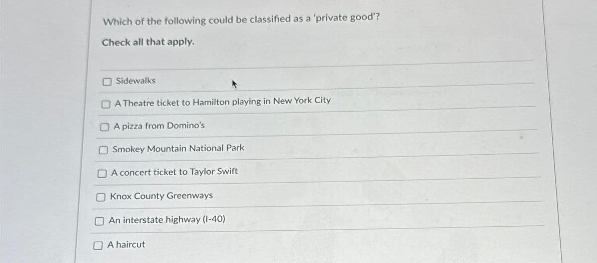 Which of the following could be classified as a 'private good'?
Check all that apply.
O Sidewalks
A Theatre ticket to Hamilton playing in New York City
A pizza from Domino's
Smokey Mountain National Park
A concert ticket to Taylor Swift
Knox County Greenways
An interstate highway (1-40)
A haircut