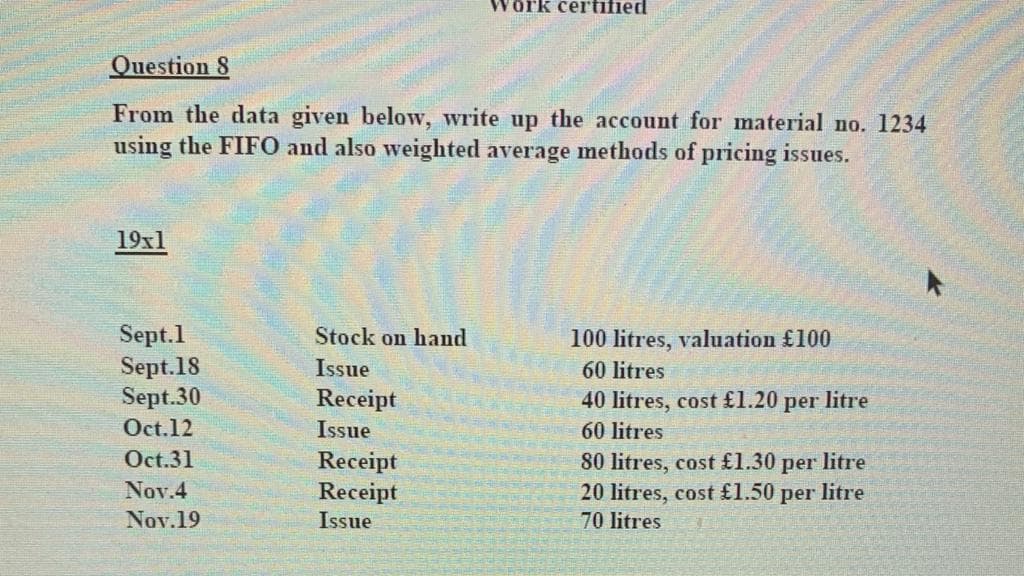 Question 8
From the data given below, write up the account for material no. 1234
using the FIFO and also weighted average methods of pricing issues.
19x1
Sept.1
Sept.18
Sept.30
Oct.12
Oct.31
Nov.4
Nov.19
Stock on hand
Issue
Receipt
Issue
Work certified
Receipt
Receipt
Issue
100 litres, valuation £100
60 litres
40 litres, cost £1.20 per litre
60 litres
80 litres, cost £1.30 per litre
20 litres, cost £1.50 per litre
70 litres