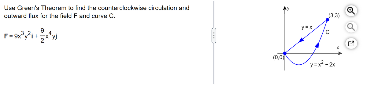 Use Green's Theorem to find the counterclockwise circulation and
outward flux for the field F and curve C.
9
4
F
= = 9x³y²¡+ 2x¹yj
хуј
(0,0)
y=x
(3,3)
y=x² - 2x
X
O