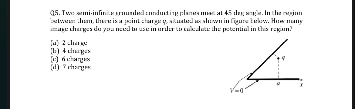 Q5. Two semi-infinite grounded conducting planes meet at 45 deg angle. In the region
between them, there is a point charge q, situated as shown in figure below. How many
image charges do you need to use in order to calculate the potential in this region?
(a) 2 charge
(b) 4 charges
(c) 6 charges
(d) 7 charges
a
V=0
