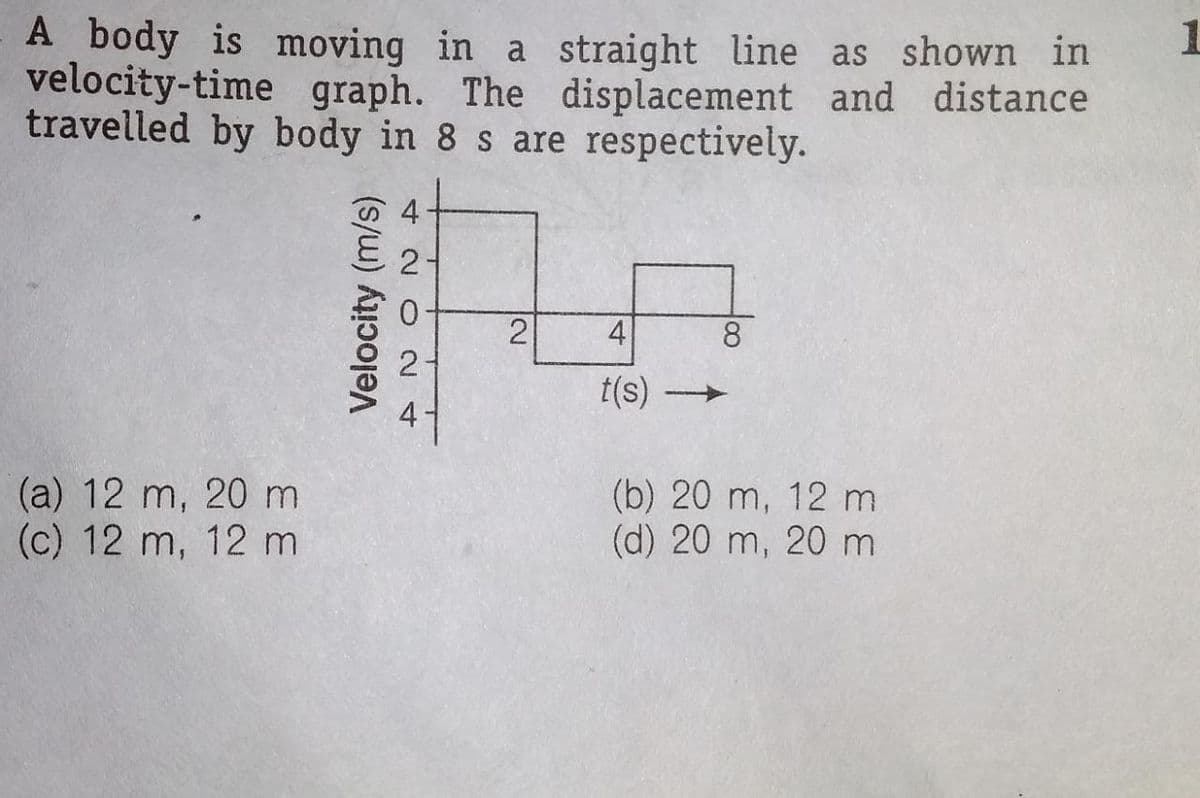 A body is moving in a straight line as shown in
velocity-time graph. The displacement and distance
travelled by body in 8 s are respectively.
1
4
8
t(s)
(a) 12 m, 20 m
(c) 12 m, 12 m
(b) 20 m, 12 m
(d) 20 m, 20 m
Velocity (m/s)
4 20 24
