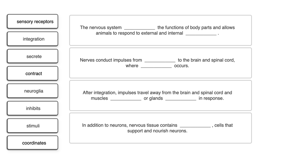 sensory receptors
The nervous system
the functions of body parts and allows
animals to respond to external and internal
integration
secrete
Nerves conduct impulses from
to the brain and spinal cord,
where
Occurs.
contract
neuroglia
After integration, impulses travel away from the brain and spinal cord and
or glands
muscles
in response.
inhibits
In addition to neurons, nervous tissue contains
support and nourish neurons.
stimuli
cells that
coordinates
