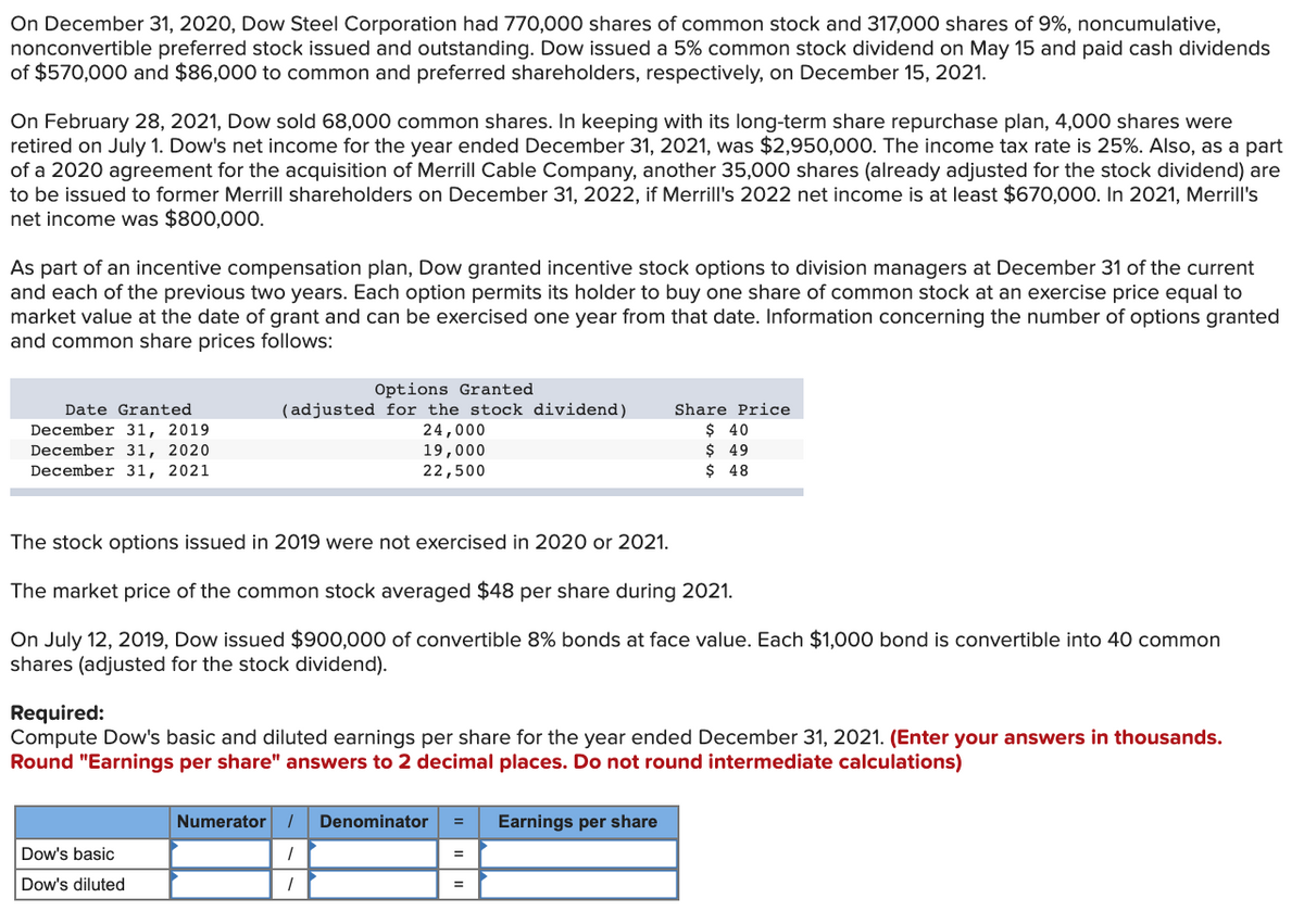 On December 31, 2020, Dow Steel Corporation had 770,000 shares of common stock and 317,000 shares of 9%, noncumulative,
nonconvertible preferred stock issued and outstanding. Dow issued a 5% common stock dividend on May 15 and paid cash dividends
of $570,000 and $86,000 to common and preferred shareholders, respectively, on December 15, 2021.
On February 28, 2021, Dow sold 68,000 common shares. In keeping with its long-term share repurchase plan, 4,000 shares were
retired on July 1. Dow's net income for the year ended December 31, 2021, was $2,950,000. The income tax rate is 25%. Also, as a part
of a 2020 agreement for the acquisition of Merrill Cable Company, another 35,000 shares (already adjusted for the stock dividend) are
to be issued to former Merrill shareholders on December 31, 2022, if Merrill's 2022 net income is at least $670,000. In 2021, Merrill's
net income was $800,000O.
As part of an incentive compensation plan, Dow granted incentive stock options to division managers at December 31 of the current
and each of the previous two years. Each option permits its holder to buy one share of common stock at an exercise price equal to
market value at the date of grant and can be exercised one year from that date. Information concerning the number of options granted
and common share prices follows:
Options Granted
(adjusted for the stock dividend)
Date Granted
Share Price
December 31, 2019
December 31, 2020
December 31, 202
$ 40
$ 49
$ 48
24,000
19,000
22,500
The stock options issued in 2019 were not exercised in 2020 or 2021.
The market price of the common stock averaged $48 per share during 2021.
On July 12, 2019, Dow issued $900,000 of convertible 8% bonds at face value. Each $1,000 bond is convertible into 40 common
shares (adjusted for the stock dividend).
Required:
Compute Dow's basic and diluted earnings per share for the year ended December 31, 2021. (Enter your answers in thousands.
Round "Earnings per share" answers to 2 decimal places. Do not round intermediate calculations)
Numerator /
Denominator
Earnings per share
Dow's basic
%3D
Dow's diluted
%3D
