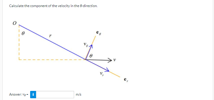 Calculate the component of the velocity in the 0-direction.
Answer: Ve -
m/s
